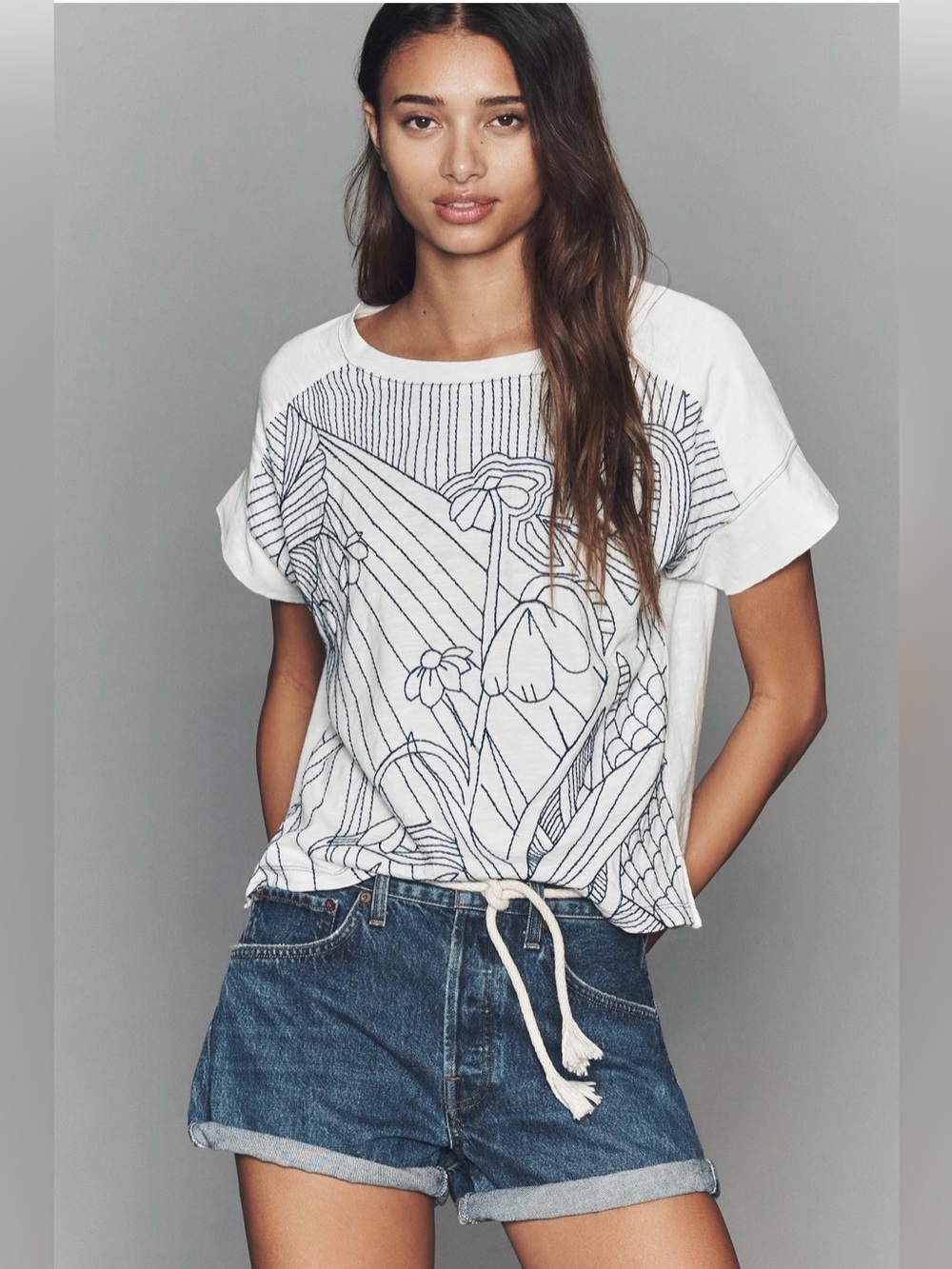 Anthropologie 100% Cotton Stitched Tee Embroidered
